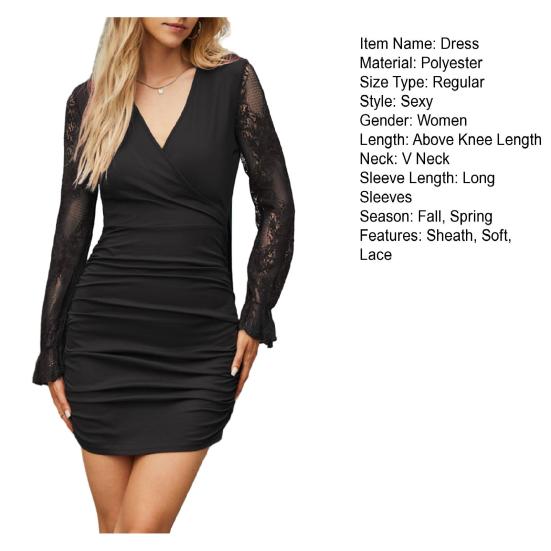 Damska sukienka wiosenna Przezroczysta koronka z długim rękawem Slim Fit Płaszcz Elastyczny dekolt w kształcie litery V Jednolity kolor powyżej kolan Mini sukienka na imprezę balową