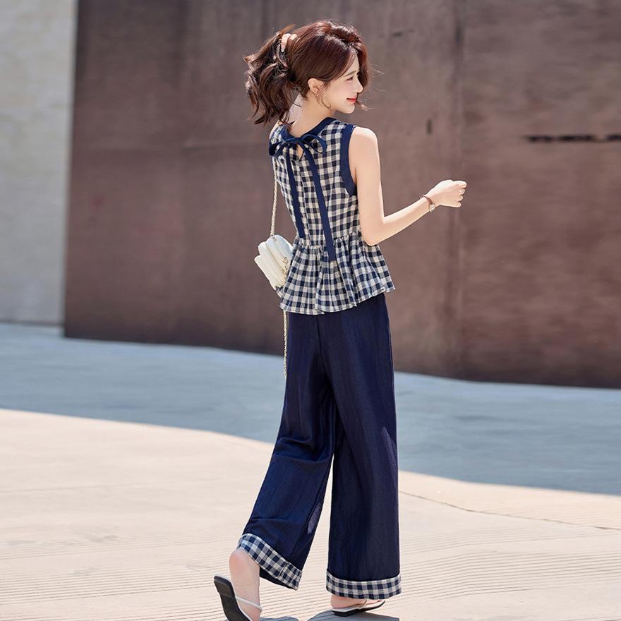Casual plaid sleeveless vest wide leg pants set women's summer new wear a complete set