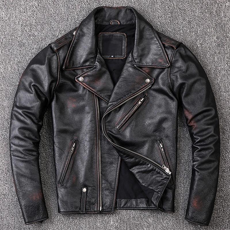 Chinese Size Men Leather Jacket Turn Down Collar Vintage Leather Jacket For Men Jackets Natural Cowhide Male Coat Autumn