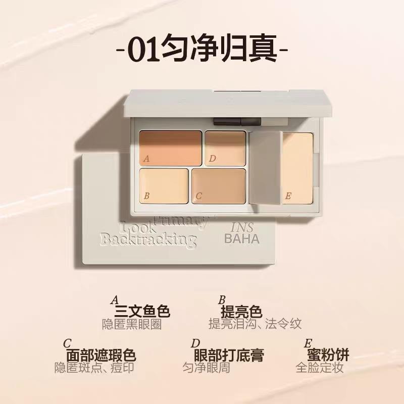 INSBAHA 5 Colores Corrector Iluminador Marcas de Acné Ojeras Surco Lagrimal Corrector Facial Permanente Plato de Polvos Fijadores