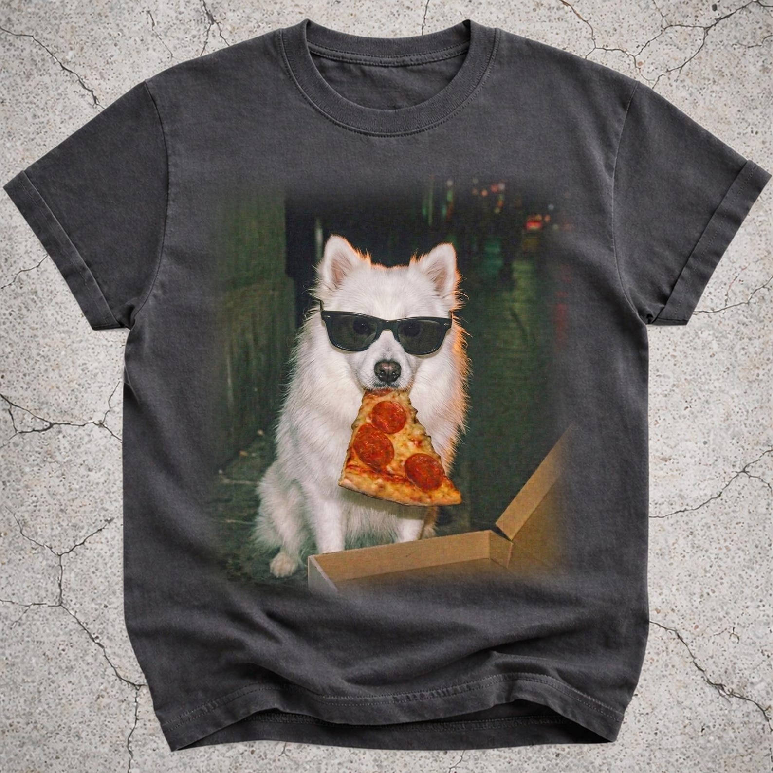 American Eskimo Dog Eating Pizza Shirt, Funny Dog Pizza Meme Tee, Silly White Fluffy Dog Graphic T-Shirt, Novelty Pizza Lover Gift XL