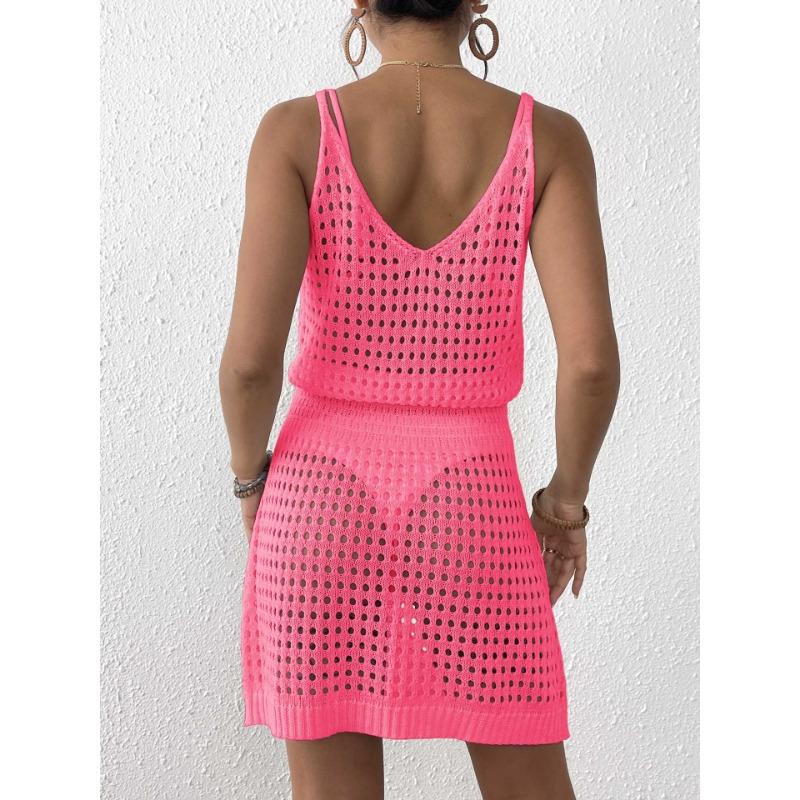 Rochie Sexy Tricotată Transparentă cu Bretele pentru Femei, Talie Subțire, Decolteu în V, Decupată, de Vară, pentru Bikini, Exterior, Rochie Scurtă de Plajă, Largă, Casual, fără Mâneci