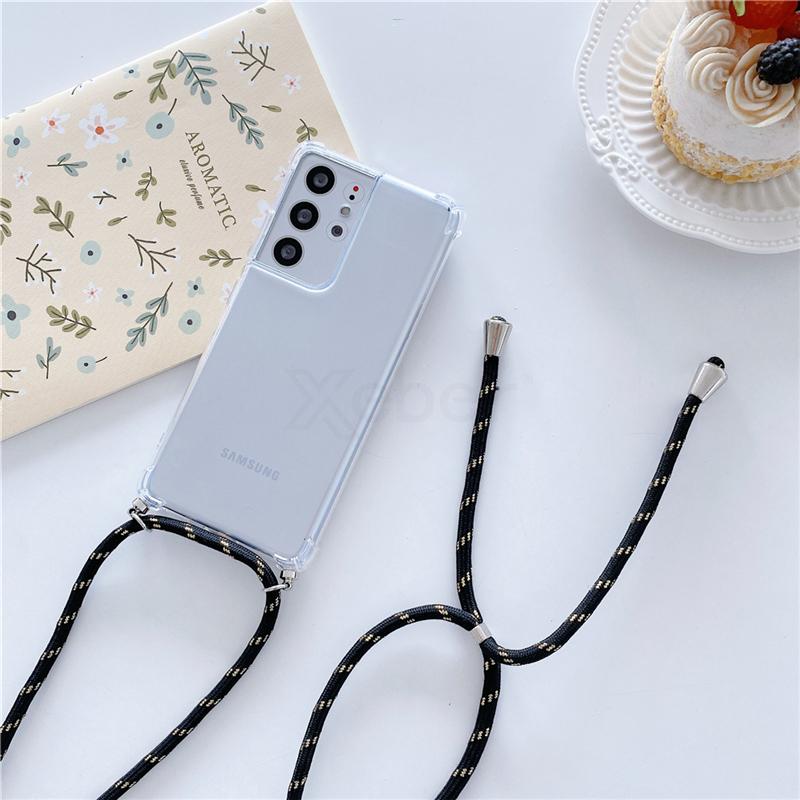 Crossbody Necklace Lanyard Cord Rope Transparent Case For Samsung S24 S23 S22 S21 Ultra S20 FE S10 Plus Shockproof Soft Cover