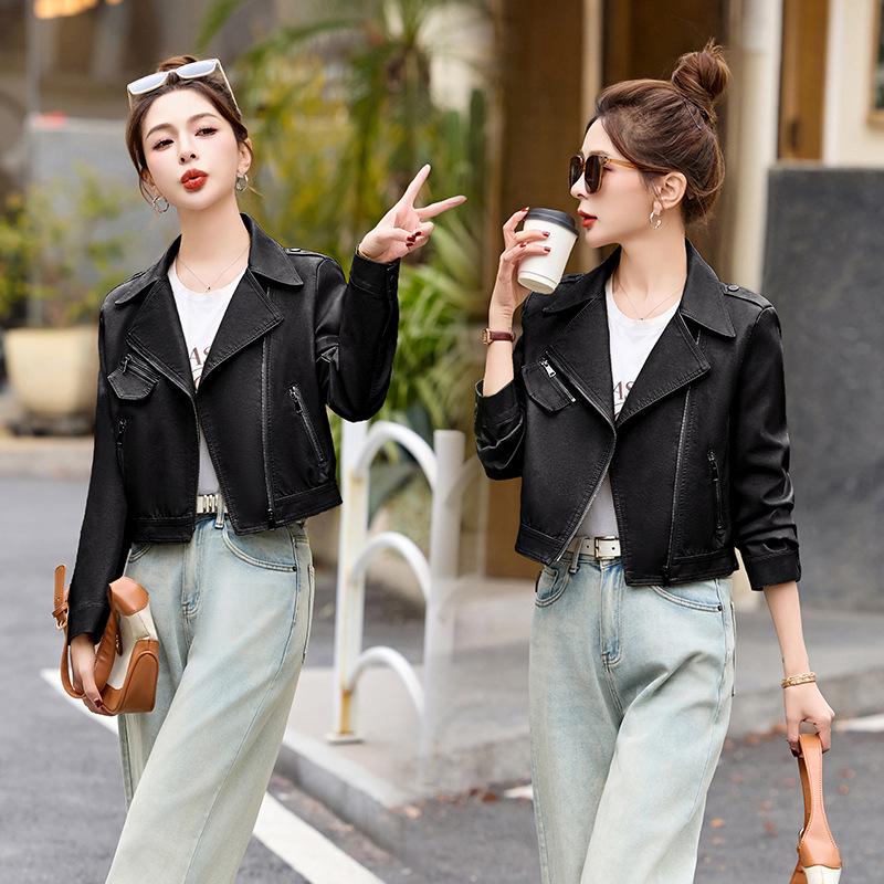 

Женская куртка с лацканами из искусственной кожи ПУ на весну/осень 2025 года: Короткая, стильная верхняя одежда XL (62.5-70 kg) чёрный