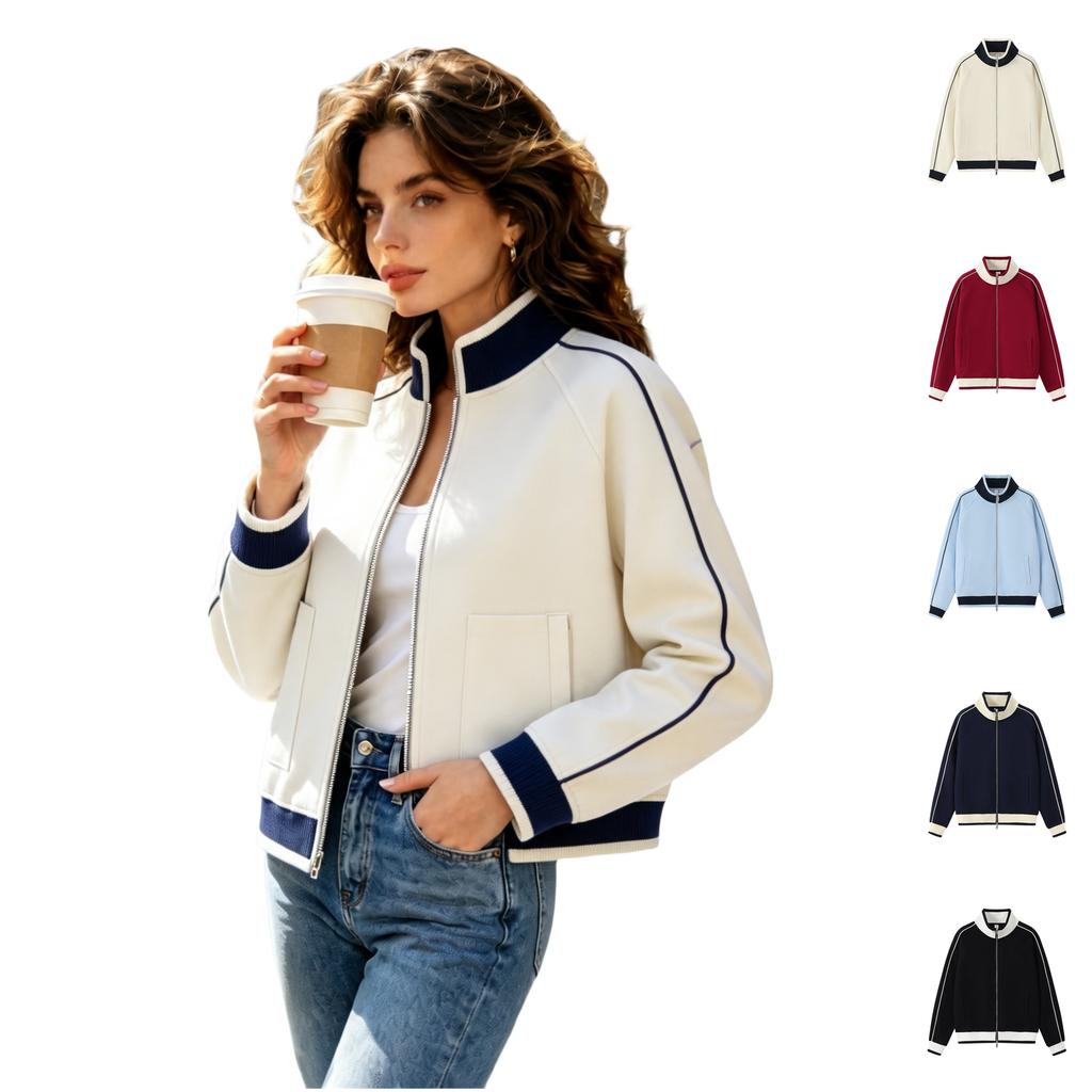 Color Block Stand Collar Open Front Cardigan Jacket Outerwear
