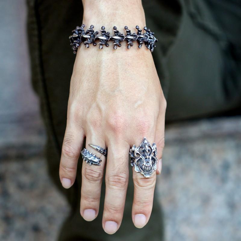 Adjustable Open Ring Men Women Sterling Geometric Vintage-Inspired Centipede Design Statement