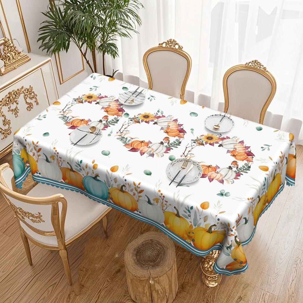 Vintage Pumpkin And Autumn Leaf Tablecloth, Turquoise Pumpkin Pattern Farmhouse Thanksgiving Table Decoration Autumn Home