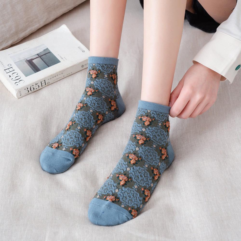 

Summer Women Short Socks Breathable Vintage Hosiery Invisible Socks Cotton Floral Boat Socks