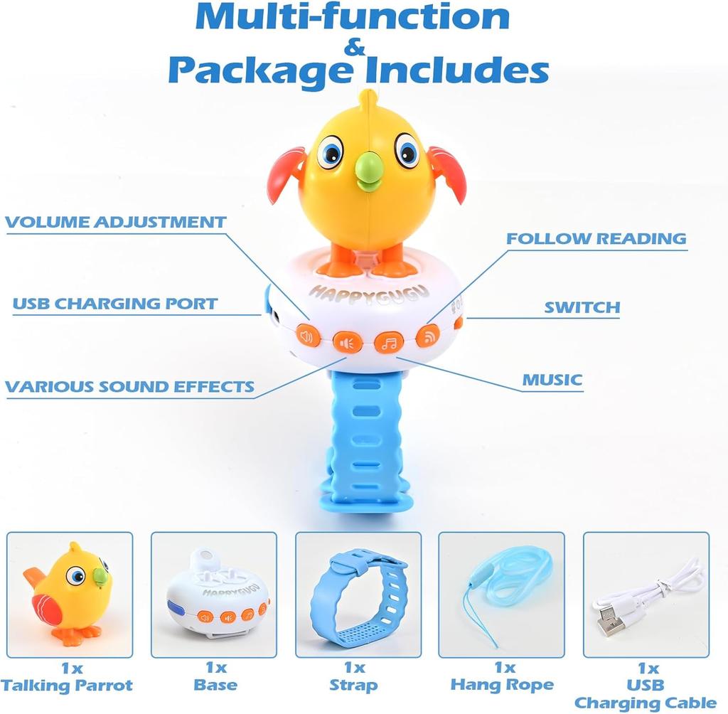 Interactive Talking Parrot Animated Toy with Strap, Repeats What You Say, Music & Whistle, Kids Electronic GIft for Boys & Girls