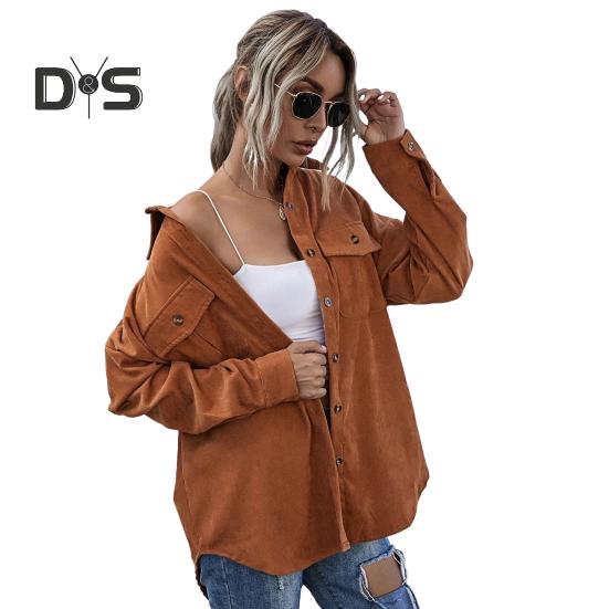 Spring Fall Coat with Chest Pockets Button-down Turn-down Collar Solid Color Corduroy Jacket Loose Casual Outerwear for Travel Work