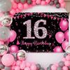 Sweet 16 Birthday Banner Hot Pink, Happy 16th Birthday Decorations for Girls, Sweet Sixteen Party Decorations, 16 Year Old Birthday Photo Props Yard