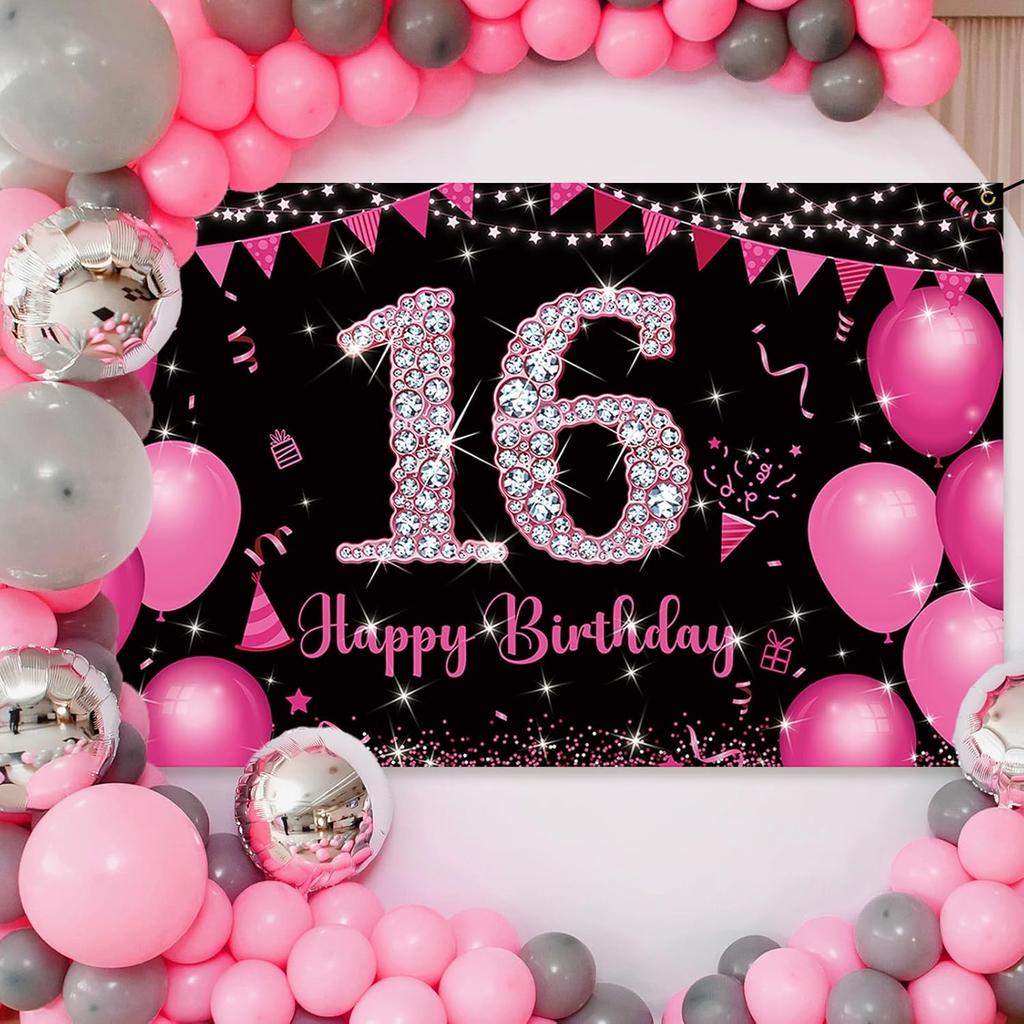 Sweet 16 Birthday Banner Hot Pink, Happy 16th Birthday Decorations for Girls, Sweet Sixteen Party Decorations, 16 Year Old Birthday Photo Props Yard