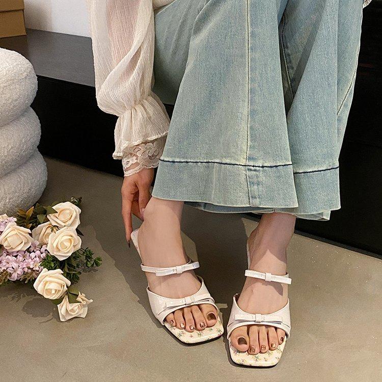 French Elegant Wedge Slippers Women's Head Temperament Open-toe Word with Bow High-heeled Sandals 2025 Summer New