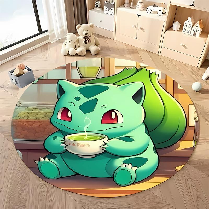 3D HD Bulbasaur Cartoon Round Carpet Kids Living Room Rug Camping Picnic Mats Flannel Anti-Slip Rug Yoga Mat Next Day Shipping