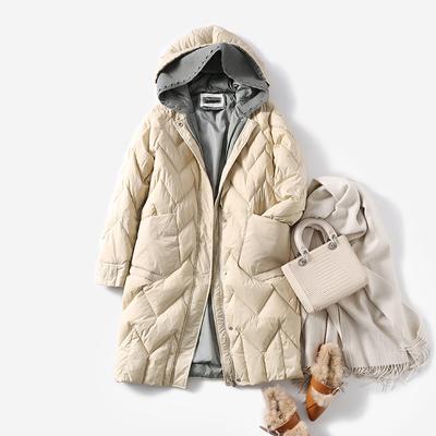 Autumn and Winter Loose Down Jacket Women's Hooded Loose Jacket Medium-thick Knitted Hat White Duck Down