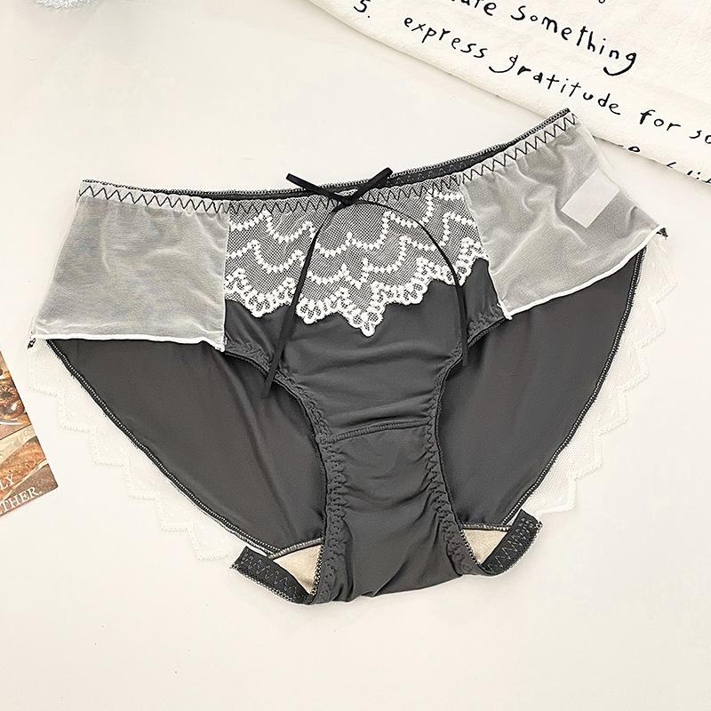Women's Luxe Satin Mesh Sexy Lace Thin See Through Mid Low Waist Light Cooked Briefs Panties