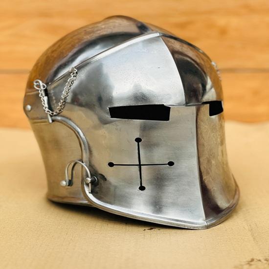 Silver Steel Barbuta Helmet Medieval Knight Costume, Reenactment Armor