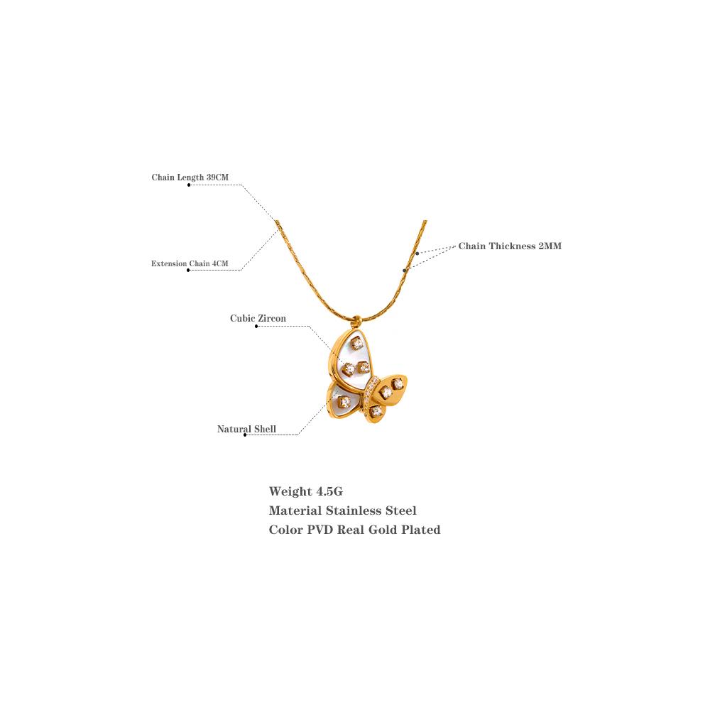 Yhpup Aesthetic Natural Shell Zircon Butterfly Insect Pendant Stainless Steel Golden Chain Collar Charm Necklace Fashion Jewelry