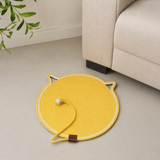 Cat Scratching Pad, Woven Cotton Rope Cat Scratcher with Bait Ball And Cute Ear Design, Indoor Cat Scratcher Mat for Furniture