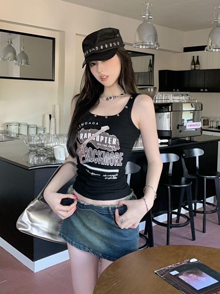 Dámské topy Y2K Retro trička bez rukávů Černé dívky Ležérní vesta Street Wear Letní vnitřní topy