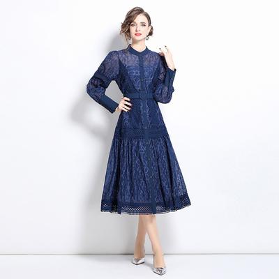 Spring Summer Women Elegant Lantern Sleeve Mesh Lace Patchwork Embroidery Flower Party Dresses with Belt