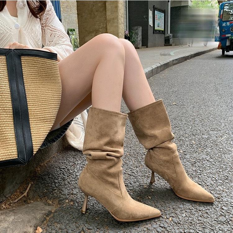 Versatile short tube stacking boots thin heel high heel western cowboy boots short boots women's apricot thin fashion medium tube single boots