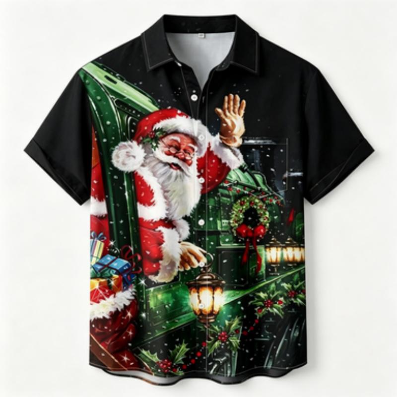 Men's Short Sleeved Shirt Christmas Train Santa Claus Printed Short Sleeved Shirt Business Casual Men's Holiday Painted Printed
