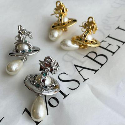 Empress Dowager Saturn Earrings: Gold & Silver with Diamond, Pearl, and Water Drop Accents for Women