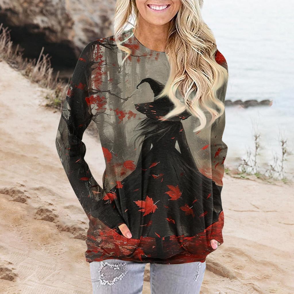 Damenmode Lässig Rundhals Print Langarm Tasche T-Shirt Top