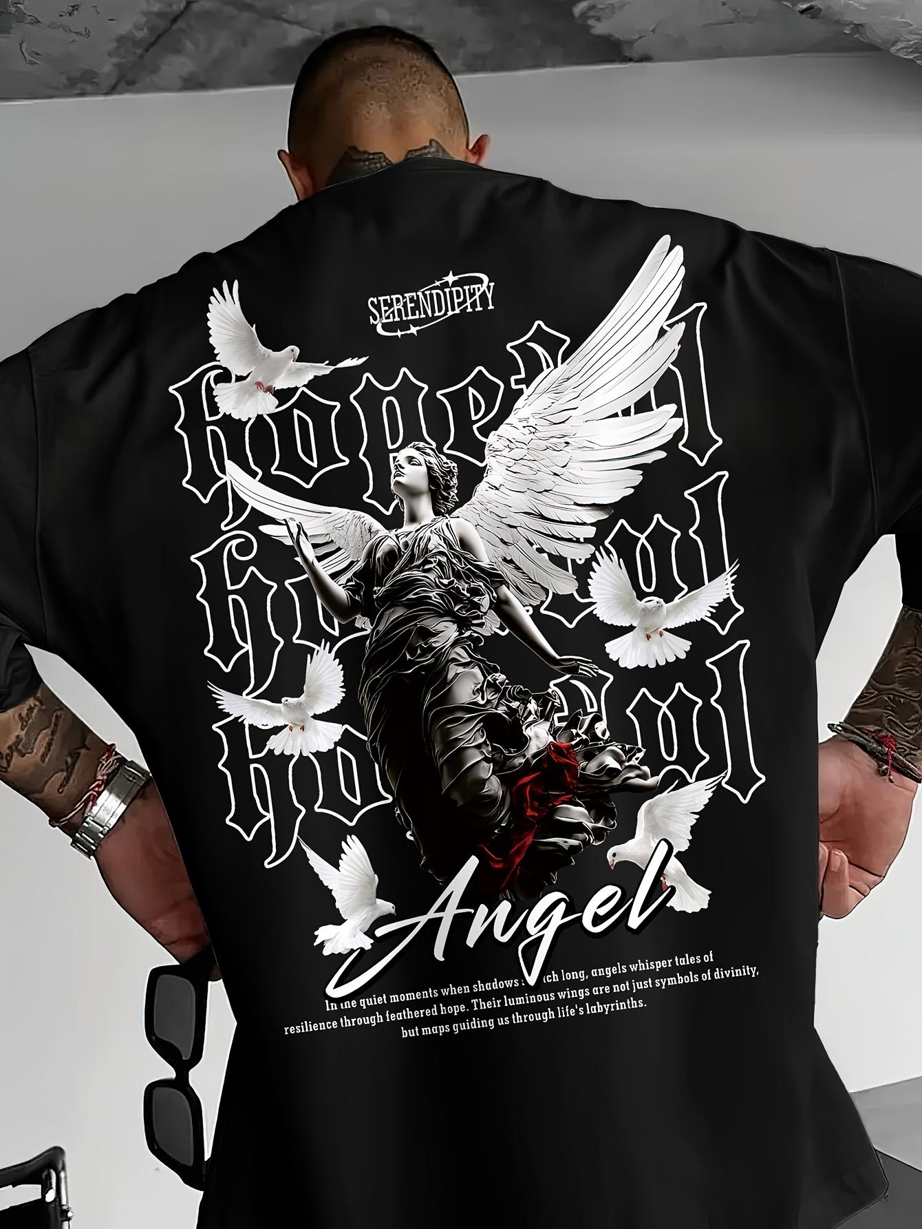 

Men s Black Graphic T-Shirt with Angel Dove Print Gothic Lettering Inspirational Text Loose Fit Casual Short Sleeve M