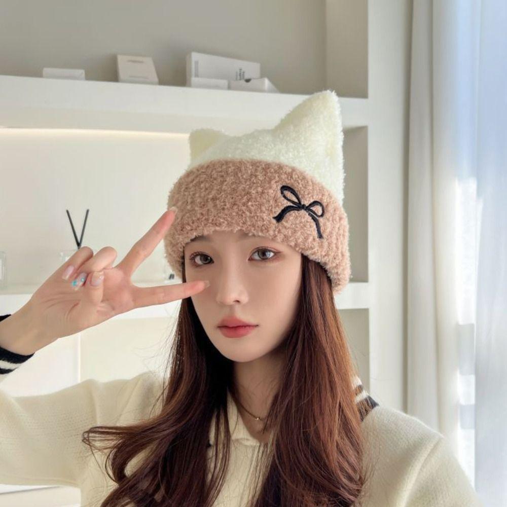 Bow Knitted Beanie Hat Keep Warm Winter Knitted Hat Fashion Cat Ears Hat  Streetwear