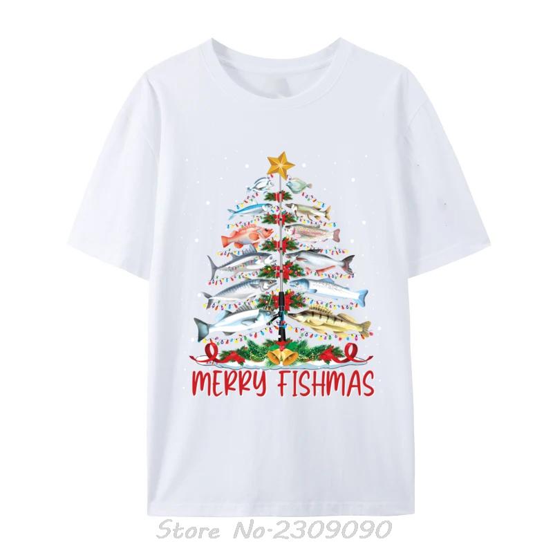 Fish Fishing Rod Christmas Tree Fisherman Merry Fishmas TShirt Oneck Fitness Tees Men Summer Oversized Tshirt Casual T Shirt S