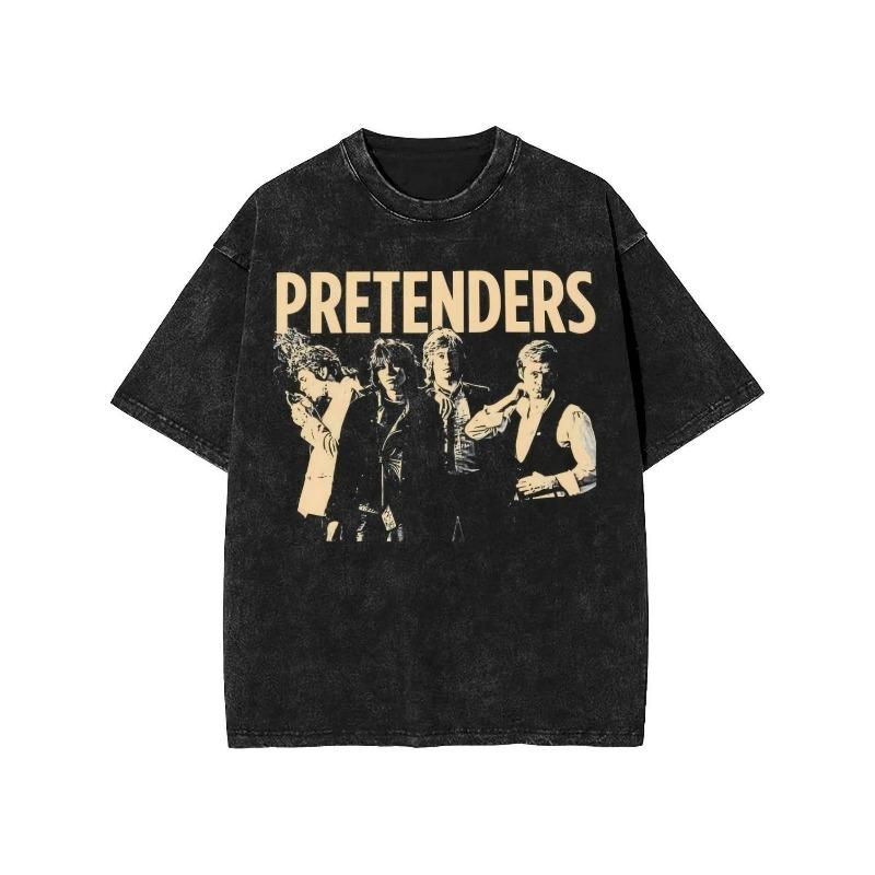 

European Size Washed, PRETENDERS Band Graphic Print, High-Quality Batik, Retro Washed Black Short-Sleeve T-Shirt, Round Neck, Slightly Loose Fit S чёрный