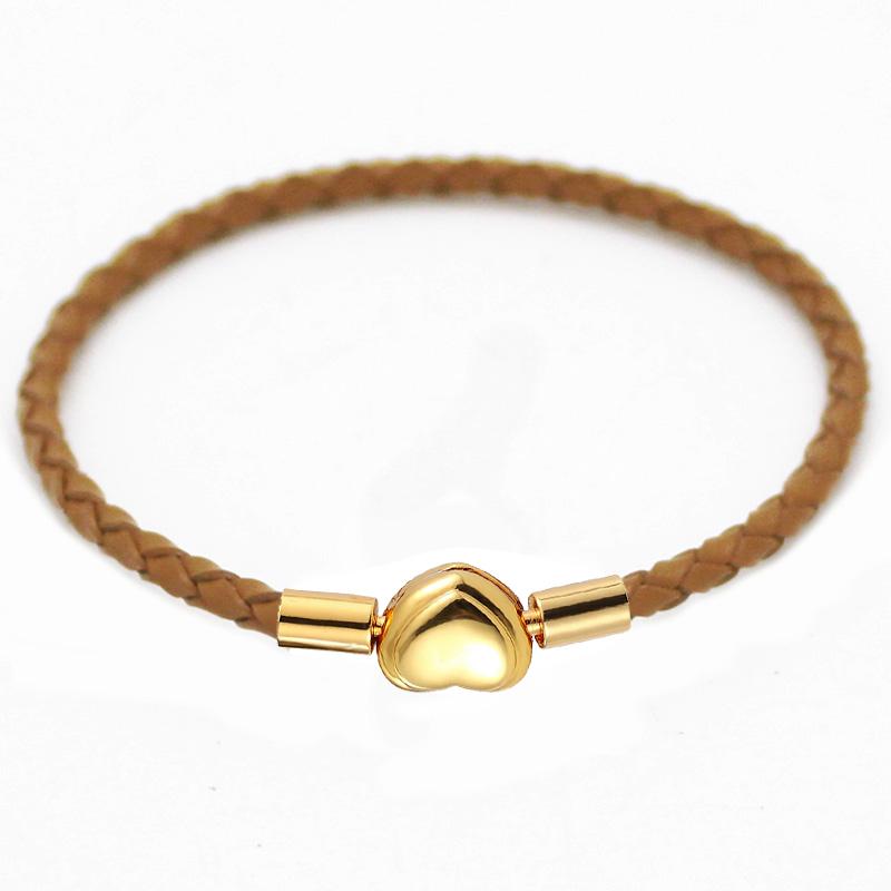 Fashion Women Gold Plated Lover Bracelet Bangle Leather Chain With Love STAINLESS STEEL Clasp Pan Bracelet Bead Charms Bracelet