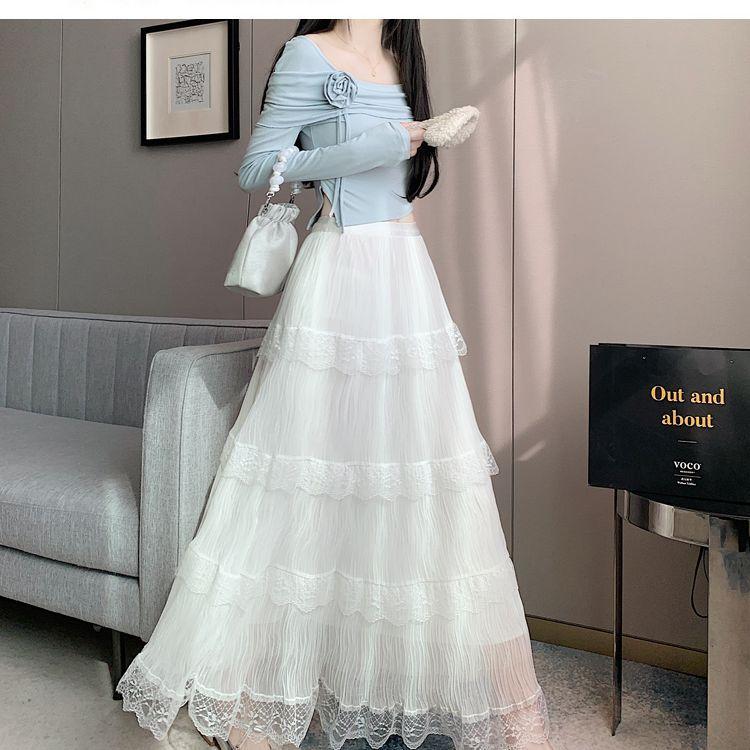 Women's High-Waist Lace-Trimmed Tiered Cake Maxi Skirt - Paneled Ruffle Design Sweet Slim-Fit & Soft Romantic Aesthetic