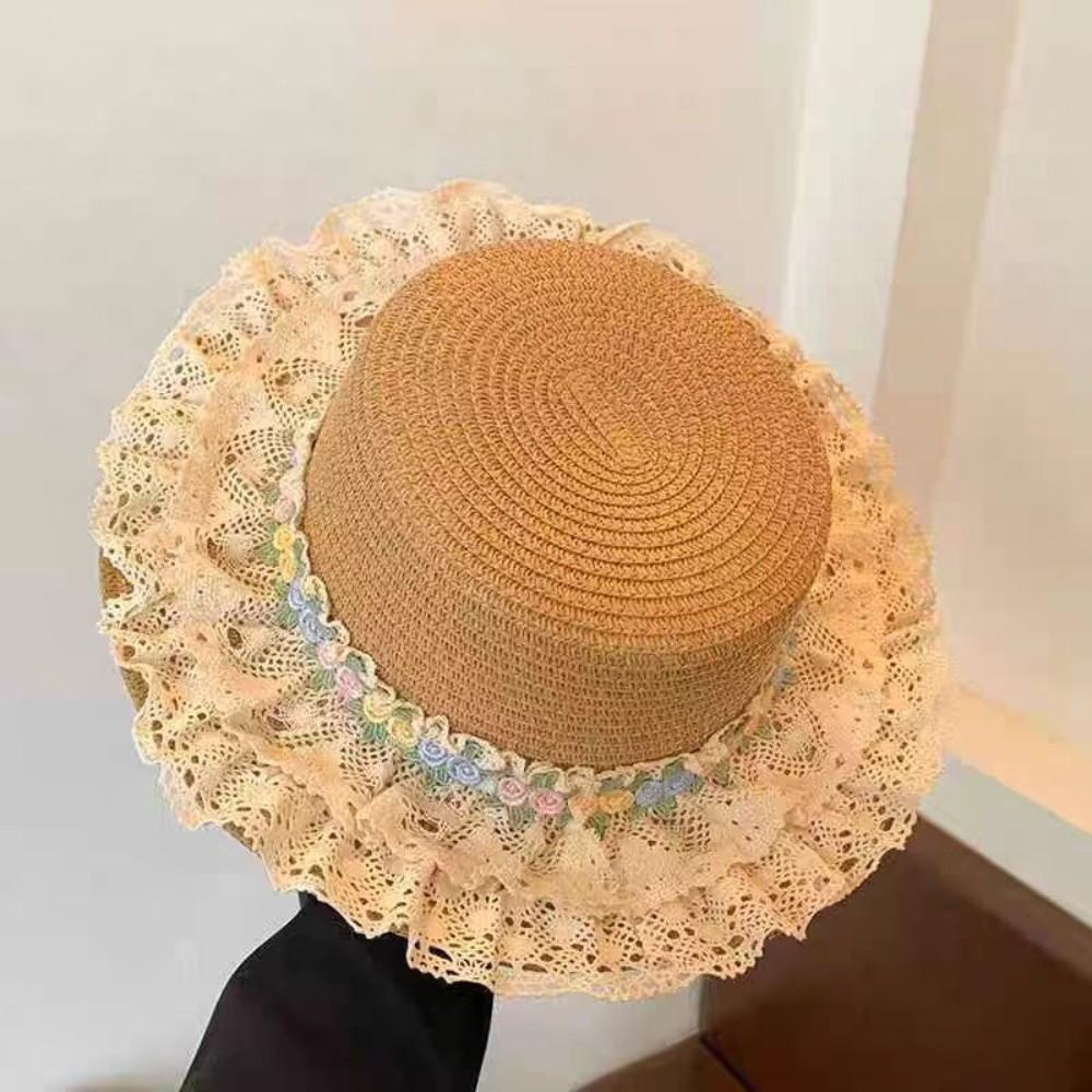 Sweet Large Brim Straw Sun Hat Sun Protection UV Protection Sun Protection Hat with Lace Trim Lace Ribbon Bucket Hat Summer