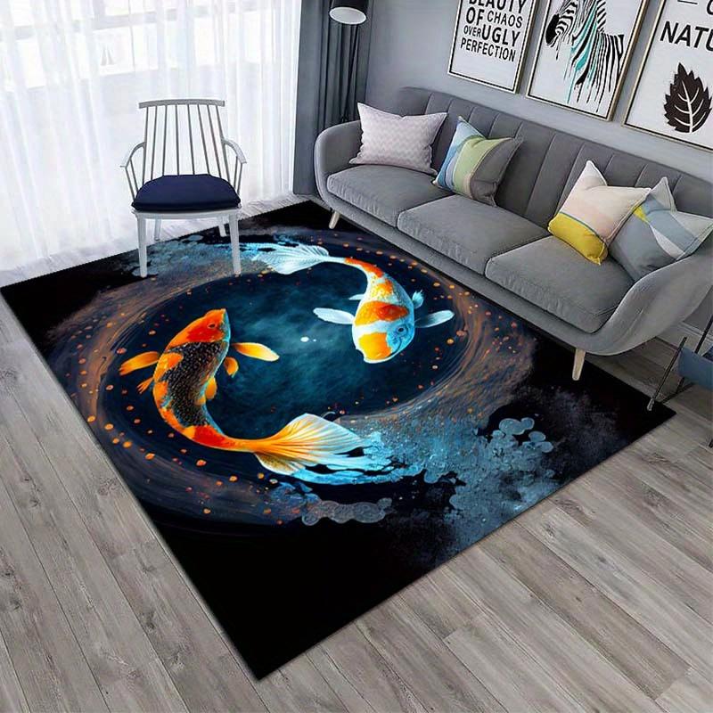 Koi Fish Design Non-Slip Polyester Carpet Chair Mat, 800g/m2 Crystal Velvet, Durable, Machine Washable, Fatigue Resistant Rug