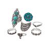 European and American Popular Accessories Retro Ethnic Style Turquoise Elephant Geometric Graphic 7-piece Silver Ring Set