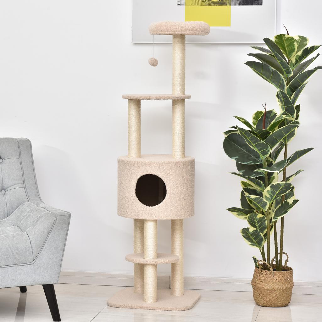 Sturdy Cat Tree with 5 Levels, Kennel, Playhouse, and Sisal Rope, Beige, Max 30kg