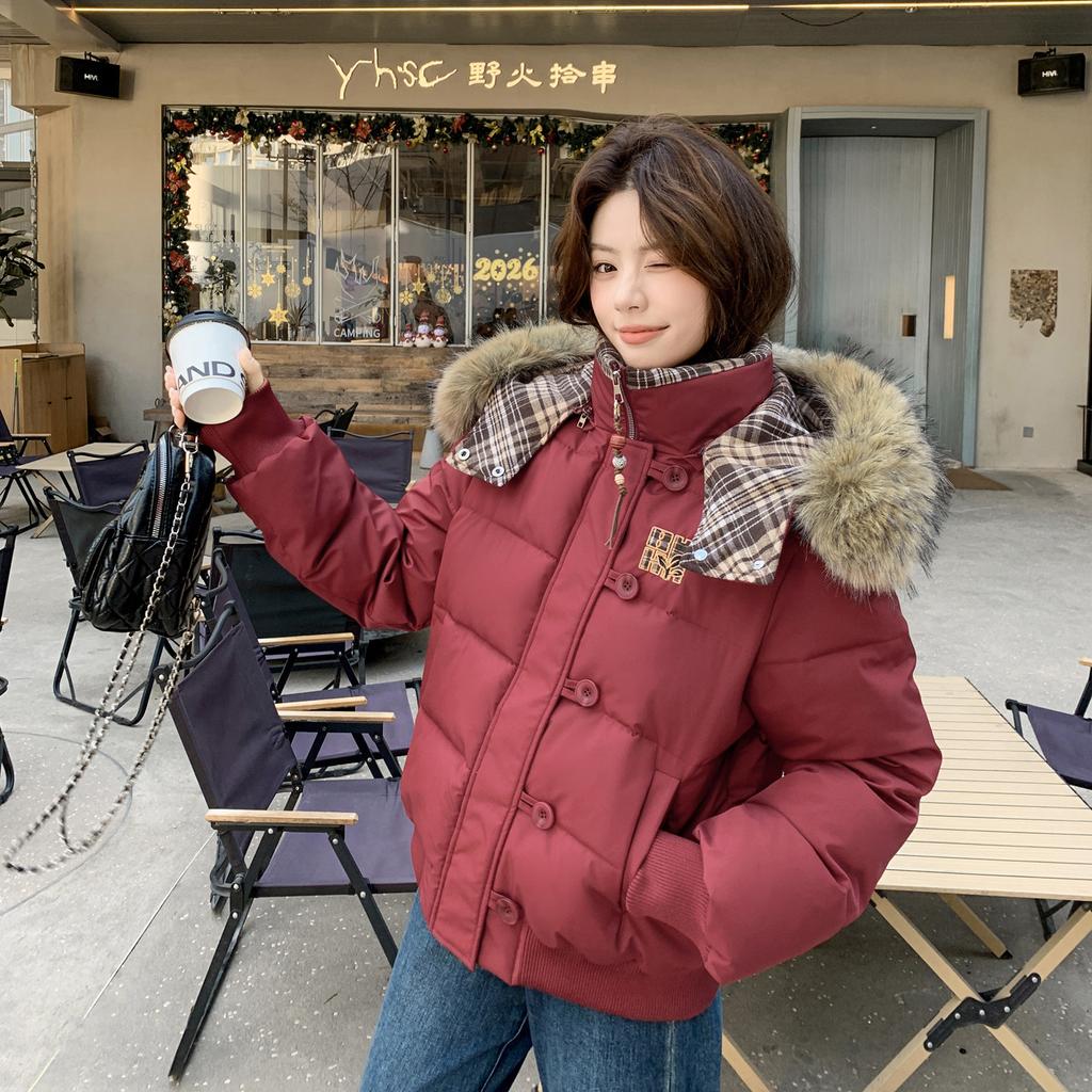 American versatile retro big fur collar removable hat cotton clothes women's winter new short thickened warm cotton clothes