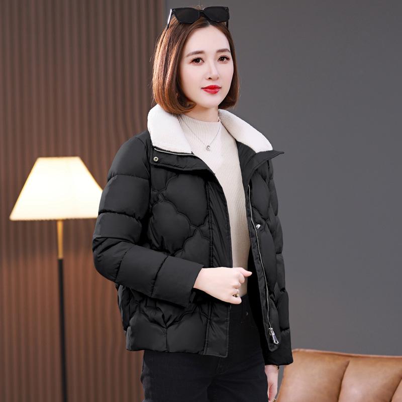 

Женская стильная короткая пуховая хлопковая куртка - Теплая, стеганая, утолщенное зимнее пальто для мам маленьких размеров 2XL for 128-145 lbs чёрный