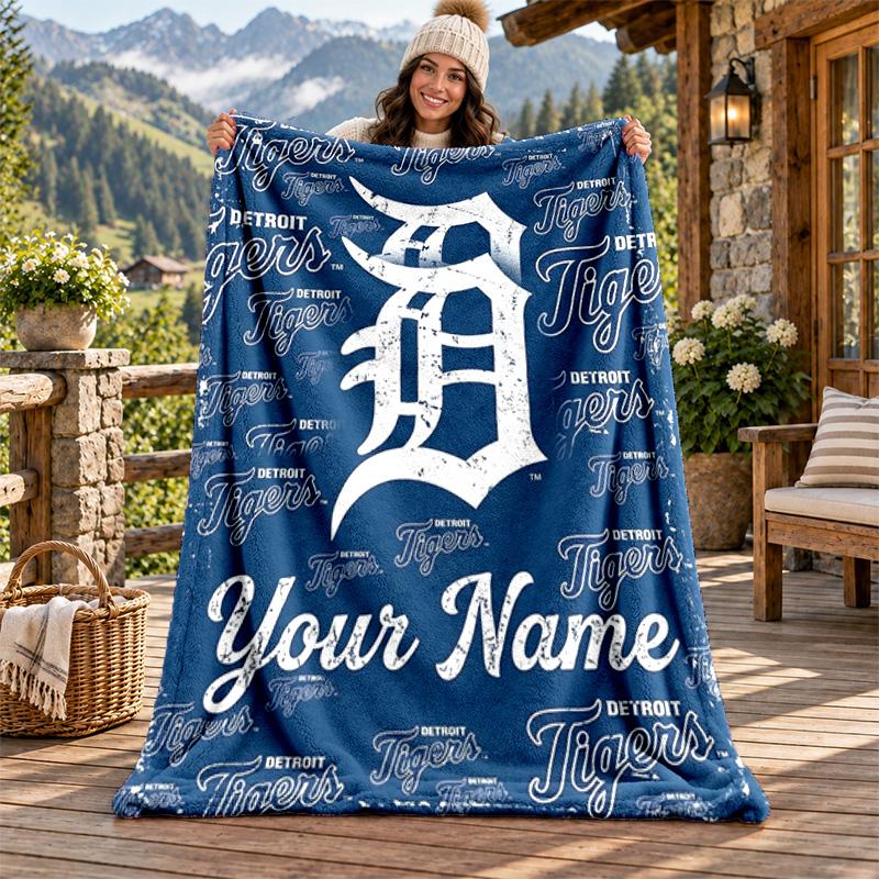 Detroit Tigers Custom Name Flannel Blanket Personalized Soft Warm Plush Throw Blanket Customized Gift for Family Friends