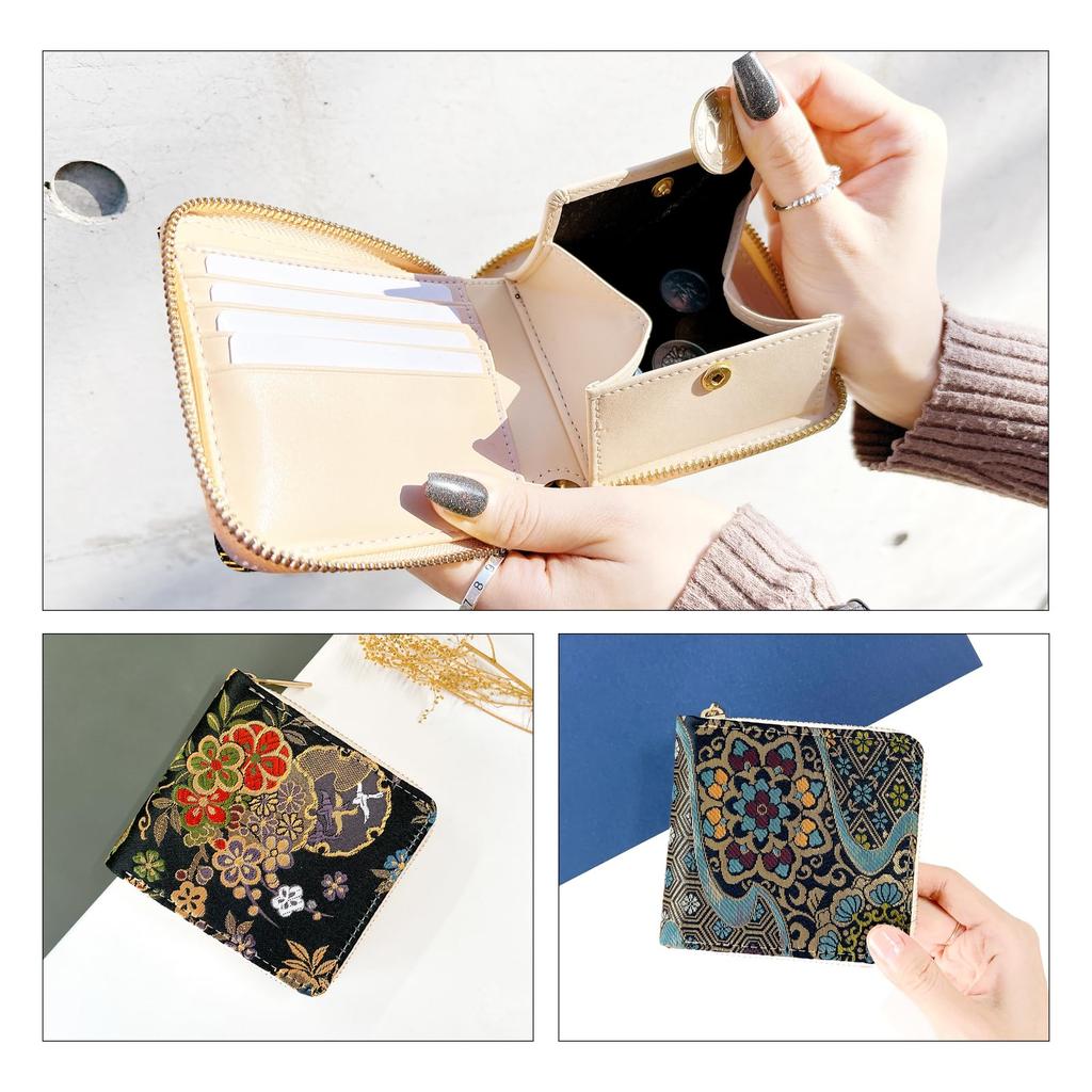Carteira Bifold Redonda Tendência Yamagishi Nishijin-ori, Brocado Dourado, Feminina, Carteira Bifold, Zíper Redondo, Compacta, Padrão Japonês, Luz da Lua,