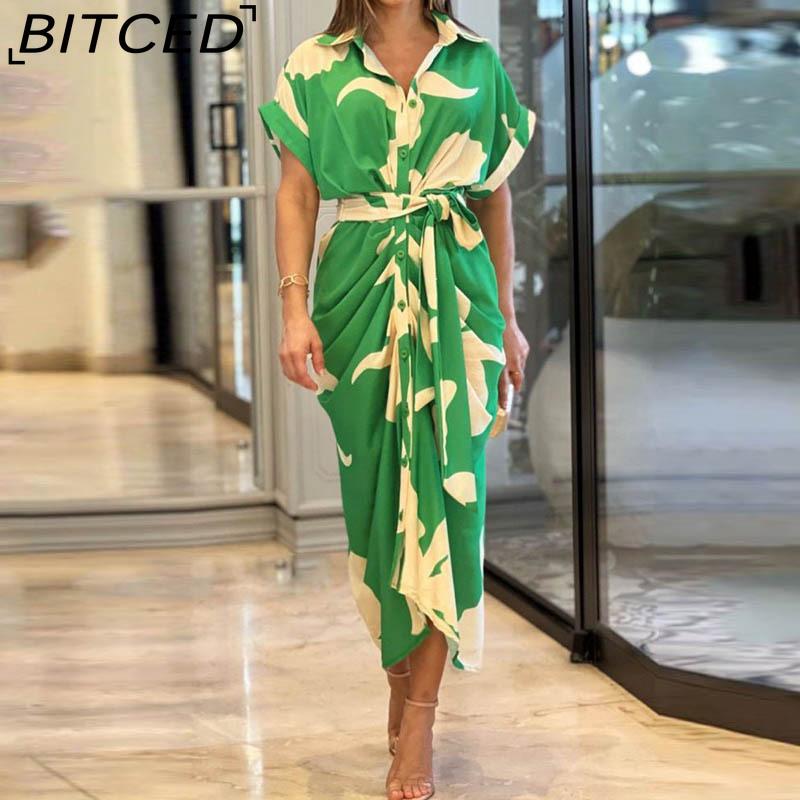 BITCED Damen Hemdkleid mit Kragen, mittellang, kurzärmelig, einreihig, hoch tailliert, Frühling