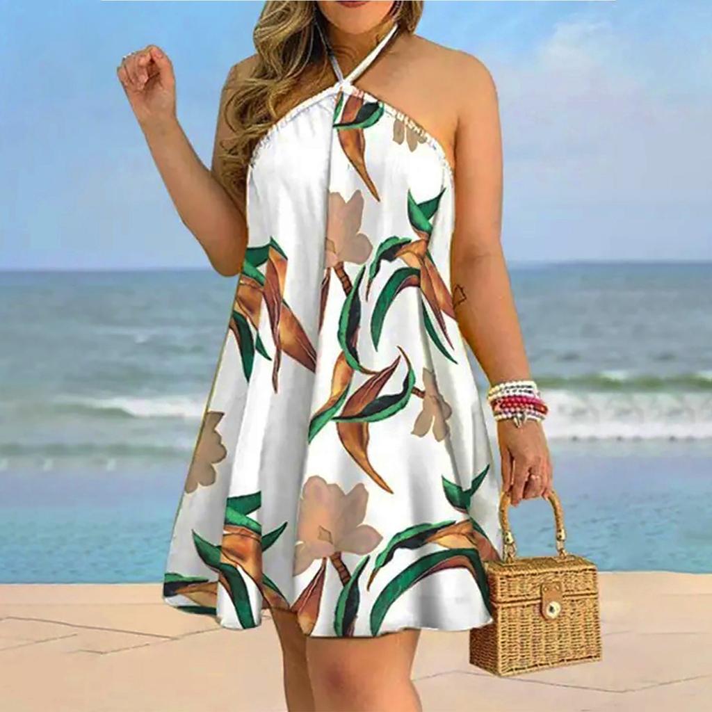 Women's Summer Fashion Casual Off Shoulder Printed Neck Tie Loose Dress