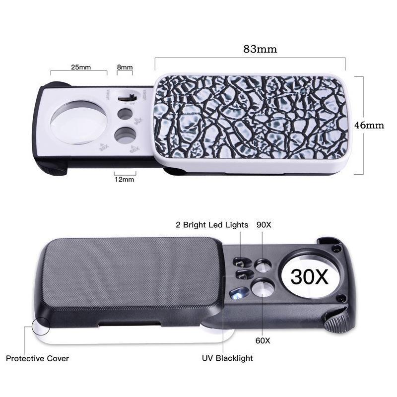 Triplex Jewelry Loupe 30X 60X 90X Magnifier Slide Out LED UV Light for Antique Appraisal Professional Precision Work