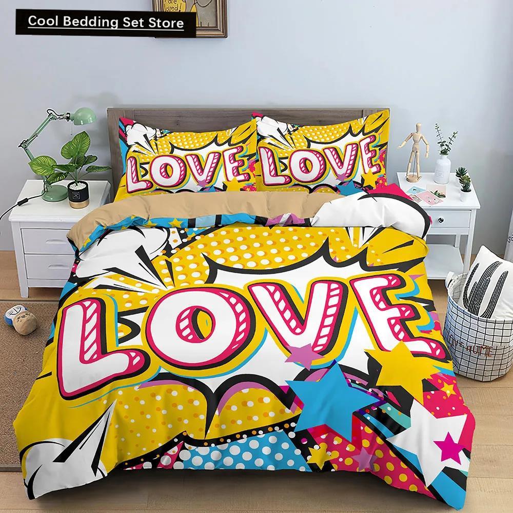 Comic Muster Bettbezug Queen King Cartoon Bettwäsche Set für Kinder Jungen Mädchen Hippie Hip Hop Rock Stil Polyester Bettdeckenbezug