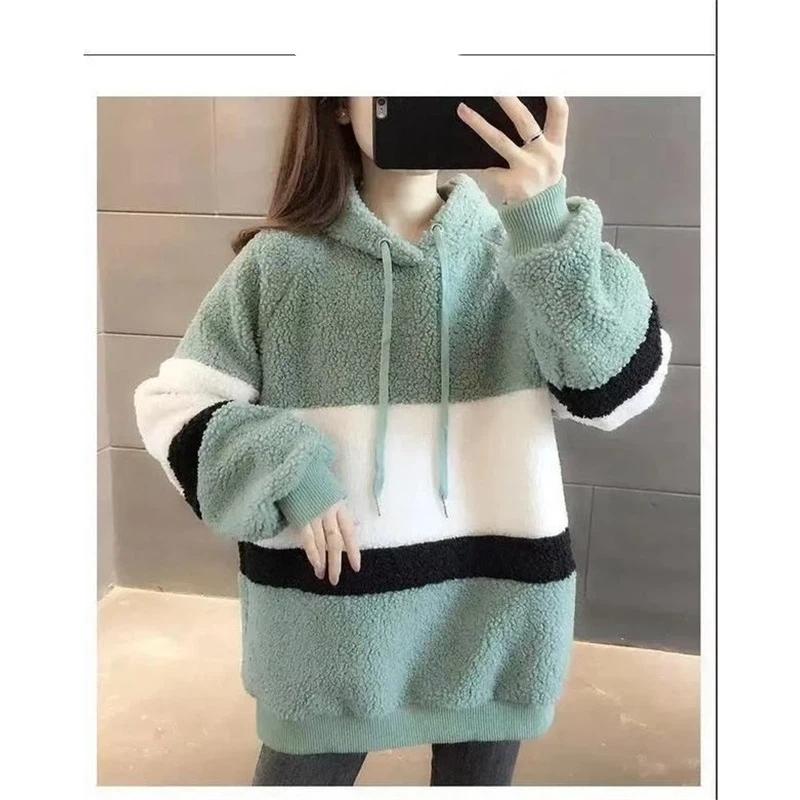 Dámská podzimní a zimní volná a silná teplá mikina s kapucí z jehněčí vlny s fleecem