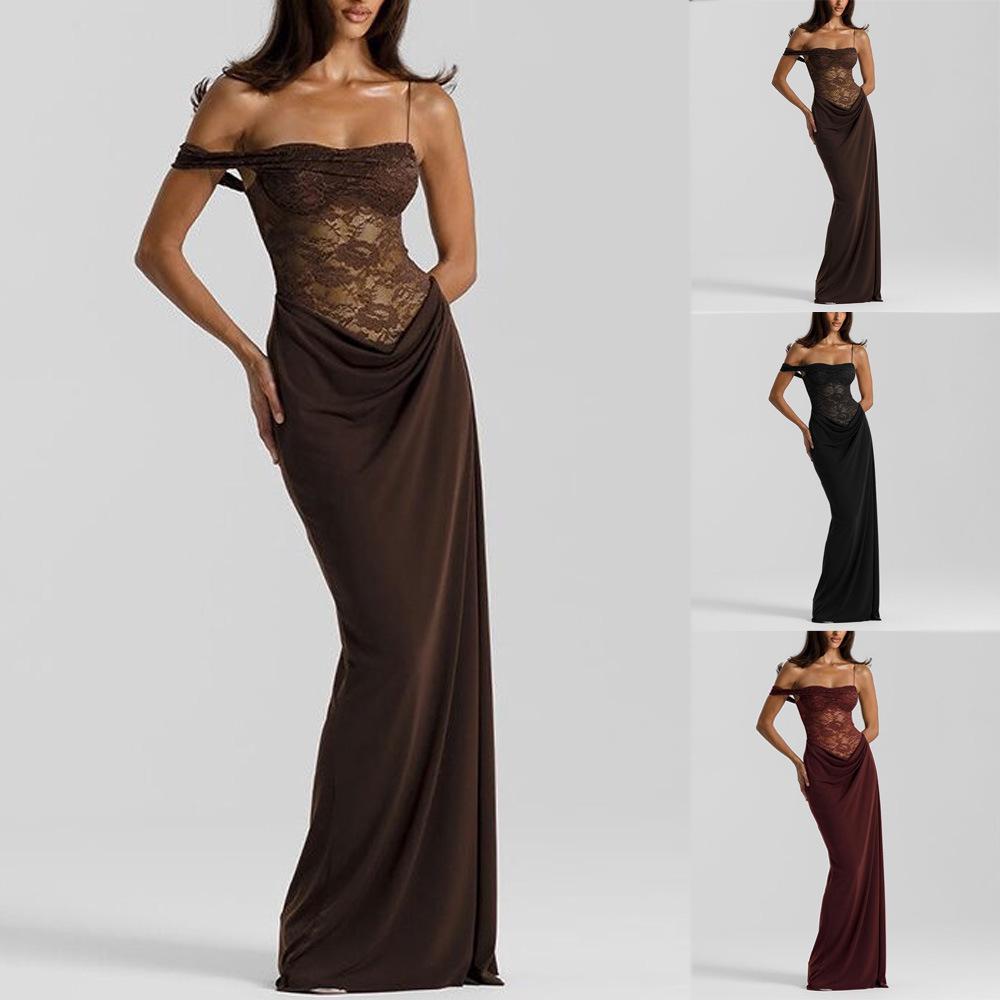 European Summer 2025 Sexy Spaghetti Strap Lace Patchwork Long Dress for Women