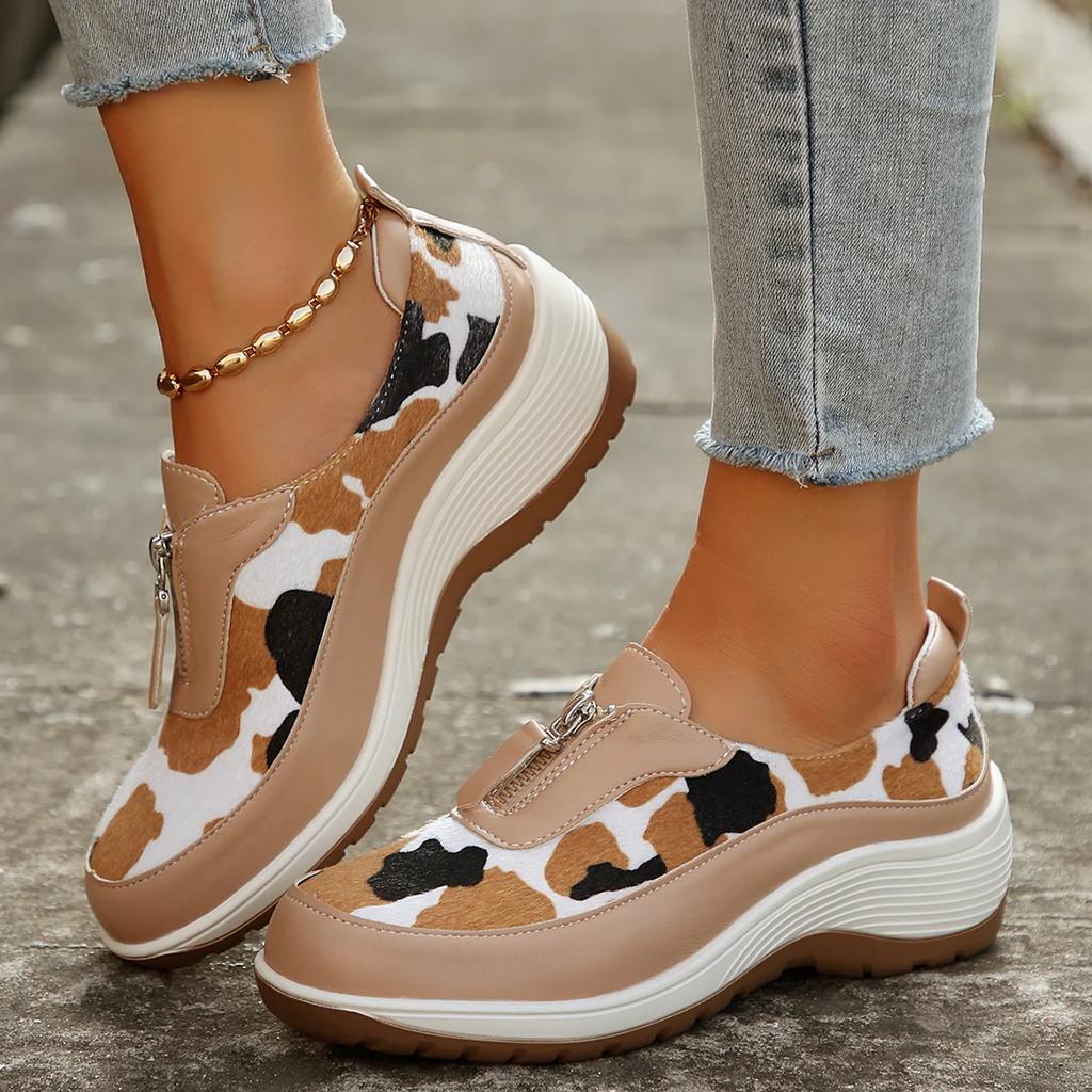 Women's Leopard Print Wedge Sneakers Fashion Front Zipper Platform Vulcanized Shoes Woman Plus Size Casual Comfort Sports Shoes